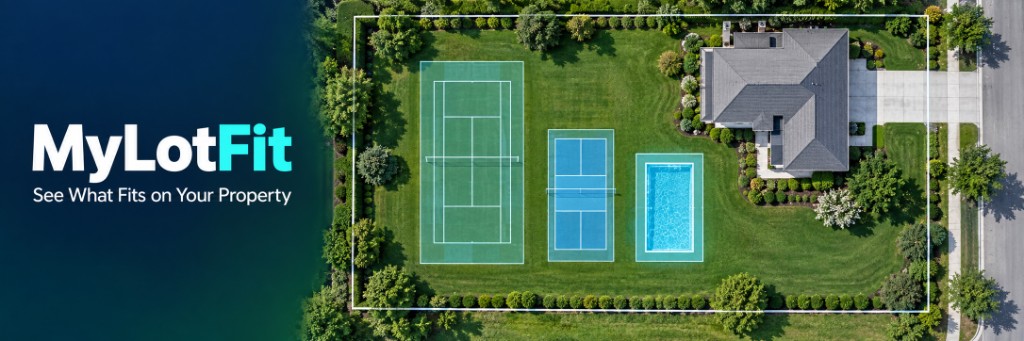 MyLotFit — see what fits on your property. Aerial of a lot with a tennis court, pickleball court, and pool.